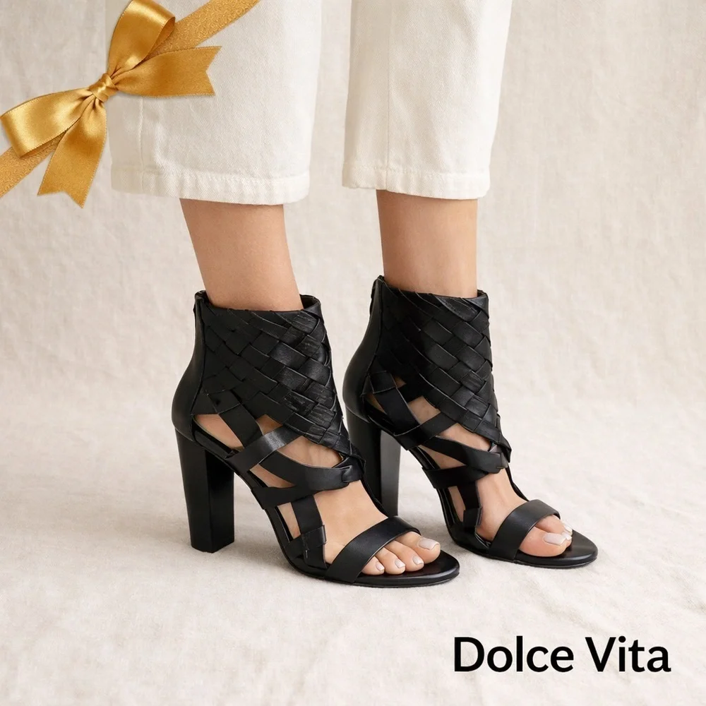 Dolce Vita Nairi Woven Black Leather Bootie Open Toe Size 8